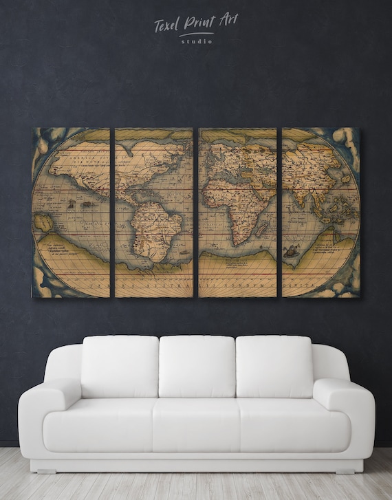 Large Vintage World Map Antique World Map Canvas Wall Art Etsy