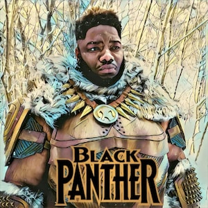 May include: A man dressed as Black Panther, wearing a brown and gold costume with a fur collar and a gold necklace. The background is a blurred image of a snowy forest. The text "BLACK PANTHER" is written in black letters on a gold background.
