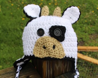 Crochet Cow Hat, infant, toddler, child, adult, winter, earflap, trapper, farm animal