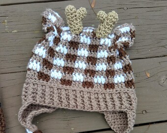 Plaid Woodland Animal Crochet Hat Trapper Hat, Braided, Deer, Fox, Bear, Raccoon