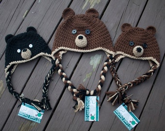 Crochet Brown Black Bear Winter Trapper Hat Baby Toddler Child Newborn