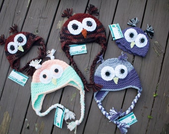 Owl Crochet Hat - Infant, Baby, Toddler, Adult, Winter, Trapper