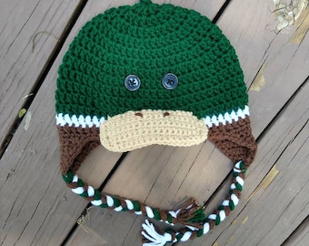 Mallard duck crochet hat winter, trapper, baby, infant, newborn, toddler, child