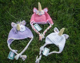 Unicorn Crochet Winter Trapper Hat Baby Newborn Toddler Child
