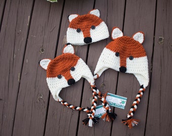 Fox Crochet Winter Trapper Hat Woodland Newborn, Baby, Toddler, Child, red fox, grey fox