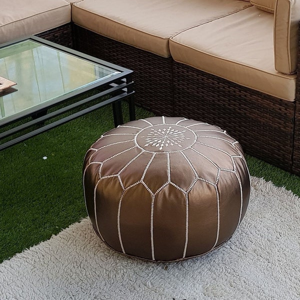 SALE ** STUFFED Moroccan Faux Leather pouf ottoman with top embroidery in Bronze