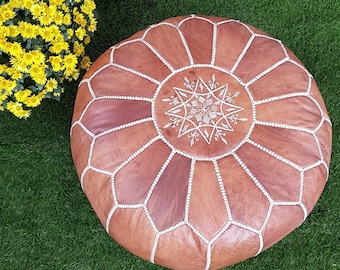 SALE ** STUFFED Moroccan Leather pouf ottoman with top embroidery in Tan