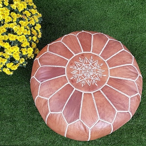 SALE ** STUFFED Moroccan Leather pouf ottoman with top embroidery in Tan