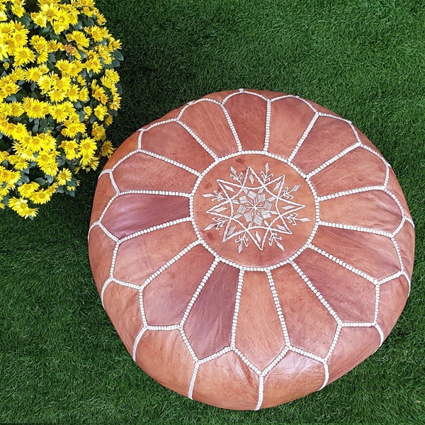 SALE ** STUFFED Moroccan Leather pouf ottoman with top embroidery in Tan