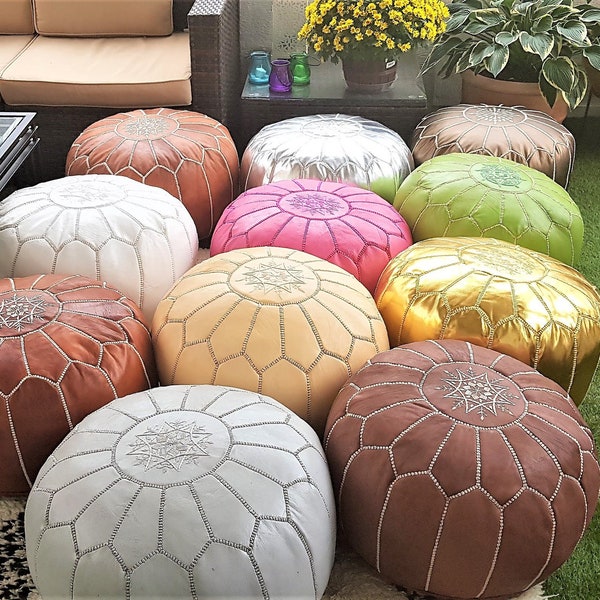 SALE Moroccan Leather pouf ottoman with top embroidery available in many colors