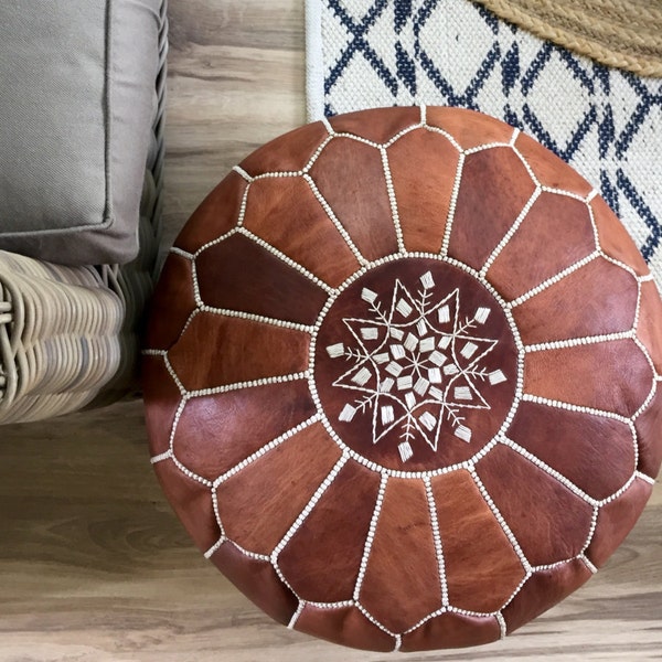 SALE*** STUFFED Moroccan Leather pouf ottoman with top embroidery in Dark Tan