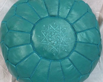 Unstuffed Moroccan Leather pouf ottoman with top embroidery available in Turquoise