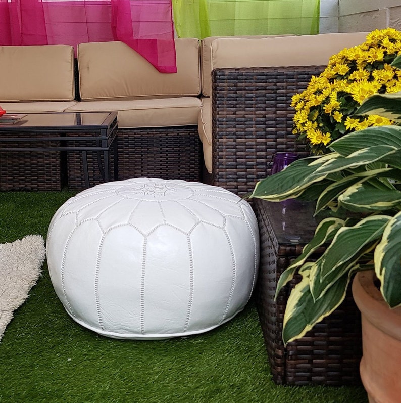 SALE STUFFED Moroccan Leather pouf ottoman with top embroidery available in many colors image 5