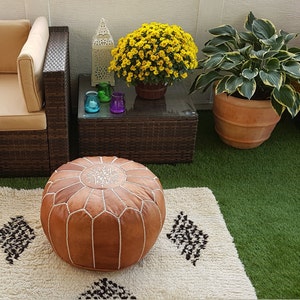 SALE STUFFED Moroccan Leather pouf ottoman with top embroidery available in many colors image 3
