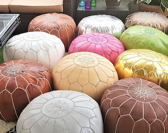 Stuffed Moroccan Leather Pouf Ottoman - Hand-stitched Embroidery, Many Colors Available