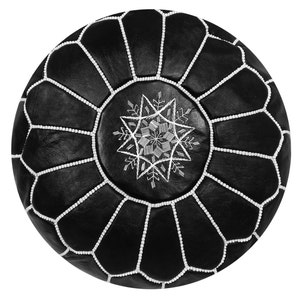 Unstuffed Moroccan Leather pouf ottoman with top embroidery available in Black and White image 1