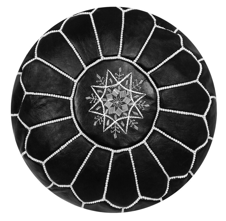 Unstuffed Moroccan Leather pouf ottoman with top embroidery available in Black and White image 1