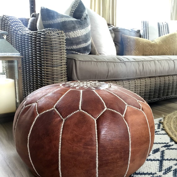 SALE STUFFED Moroccan Leather Pouf Ottoman With Top Embroidery in Dark Tan  and White 