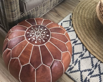 May include: Round, brown leather ottoman with a geometric design. The ottoman has a starburst pattern in the center and is surrounded by stitched panels. The ottoman is placed on a wooden floor next to a patterned rug.