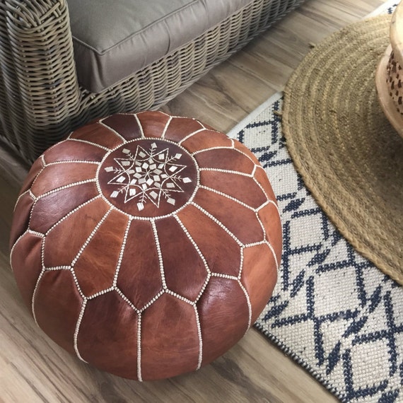 SALE STUFFED Moroccan Leather Pouf Ottoman With Top Embroidery in Dark Tan  and White 