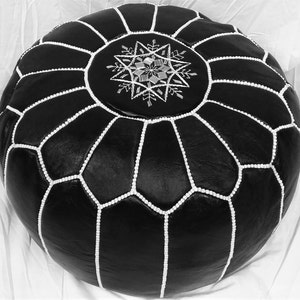 Unstuffed Moroccan Leather pouf ottoman with top embroidery available in Black and White image 2
