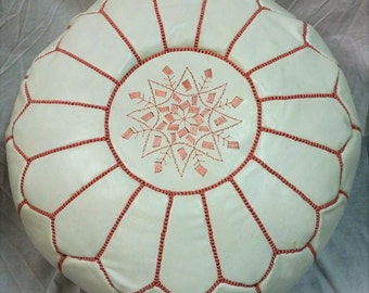 SALE ** STUFFED Moroccan Leather pouf ottoman with top embroidery in White and Pink