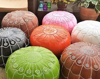 STUFFED Moroccan Leather pouf ottoman with top and sides embroidery in arch designs, Many colors available