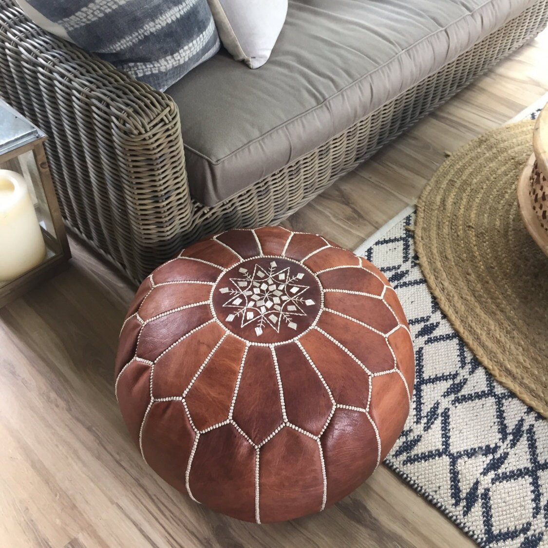 SALE STUFFED Moroccan Leather Pouf Ottoman With Top Embroidery in Dark Tan  and White 