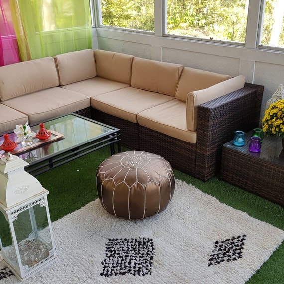 SALE STUFFED Moroccan Faux Leather Pouf Ottoman With Top
