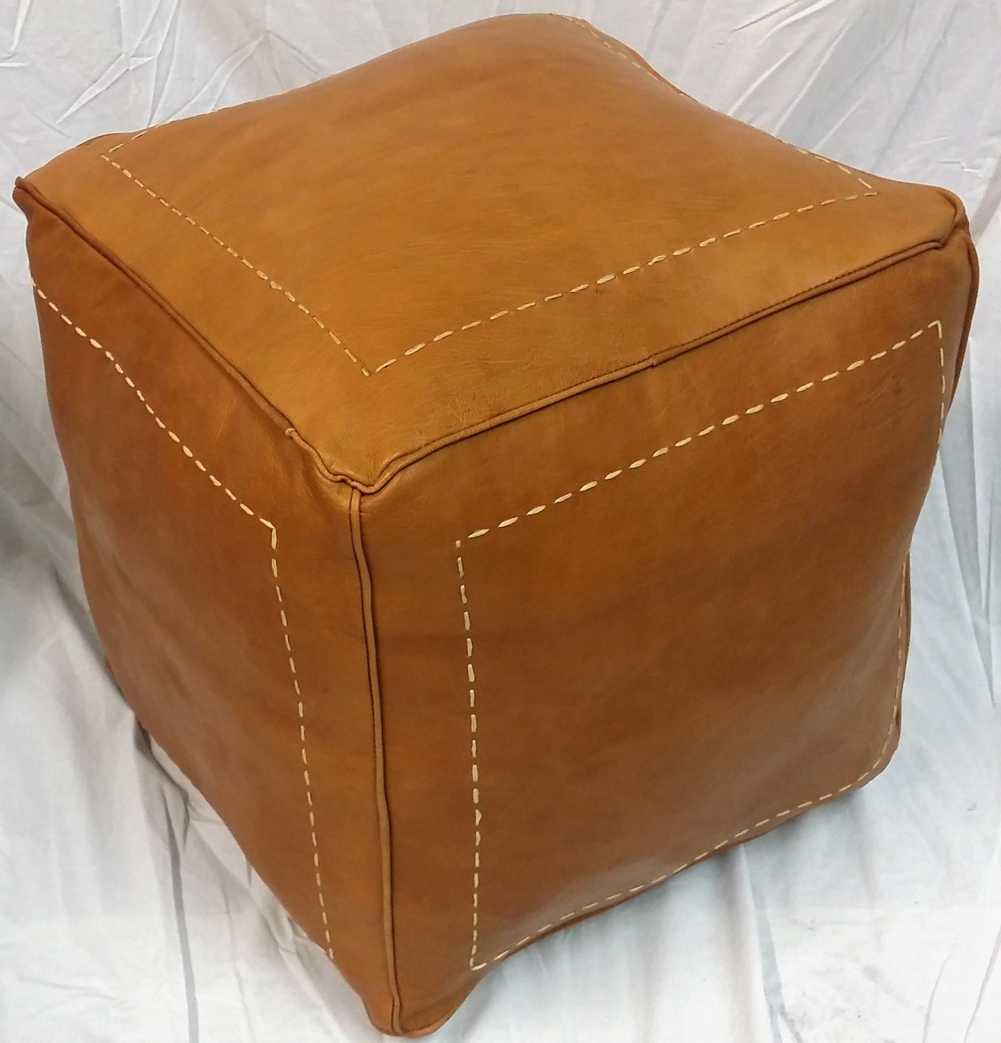 SALE ** STUFFED Square Moroccan Leather pouf Ottoman footstool in Dark Orange