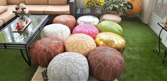 Pre stuffed Moroccan Leather Pouf Ottoman With Top Embroidery