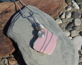 Pastel Pink Wire Wrapped Sea Glass Pendant, Genuine Sea Glass