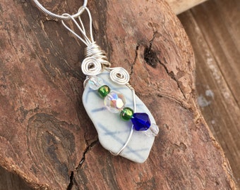 Wire Wrapped Japanese Sea Pottery Necklace with Glass Beads