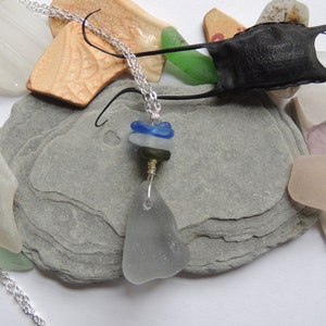 Grey Scottish Sea Glass Pendant with Blue and Green Accent Sea Glass, Authentic Sea Glass