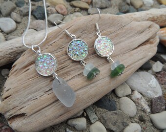 Grey Sea Glass and Dragon Scale Charm Necklace and Earring Set, Genuine Sea Glass