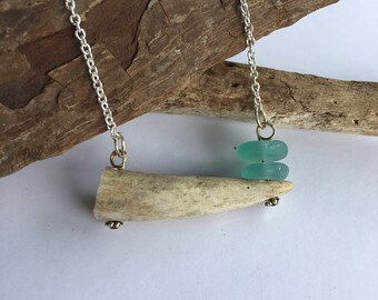 Whitetail Antler Tip with Lake Erie Beach Glass Necklace, Pendant