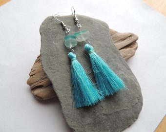 Genuine Turquoise and White Sea Glass Tassel Earrings