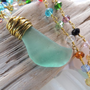 Teal Sea Glass Pendant on a Glass Beaded Chain, Authentic Sea Glass