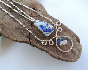 Handwired Japanese Sea Glass Necklace and Japanese Sea Pottery Necklace Set, Genuine Sea Glass and Sea Pottery