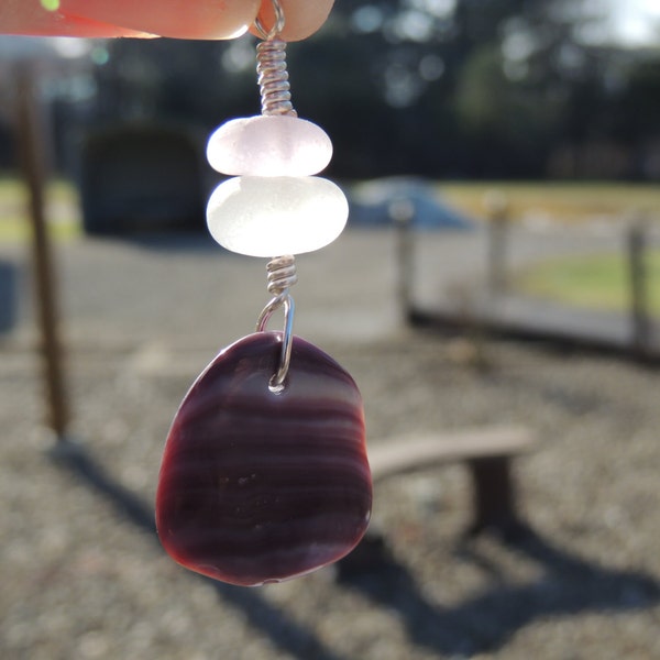 Wampum Shell and Lavender and White Sea Glass Pendants, Authentic Sea Glass