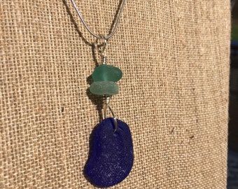 Cobalt Blue Sea Glass Pendant with Aqua Pieces, Genuine Sea Glass from Puerto Rico