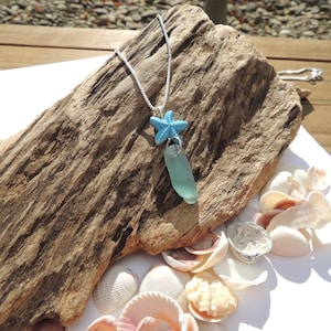 Aqua Lake Erie Beach Glass and Starfish Charm Necklace