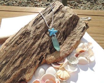 Aqua Lake Erie Beach Glass and Starfish Charm Necklace