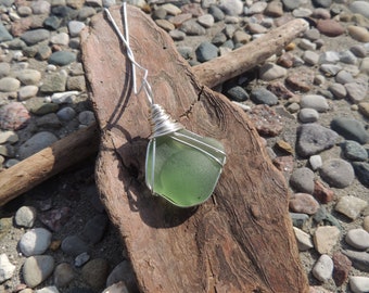 Light Green Kick Up Wire Wrapped Sea Glass Necklace, Pendant, Genuine Sea Glass