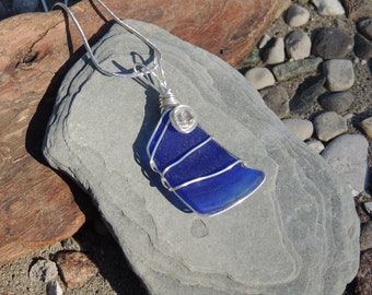 Wire Wrapped Cobalt Blue Sea Glass Pendant, Genuine Sea Glass