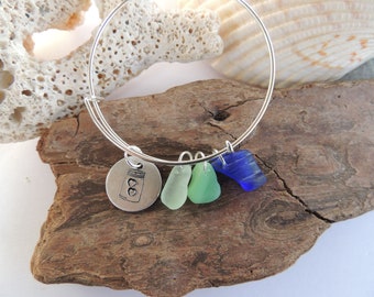 Silver Plated Bangle Braclet with Mason jar Stamp and Sea Glass, Authentic Sea Glass