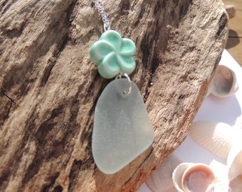 Aqua Scottish Sea Glass Pendant with Ceramic Bead Charm