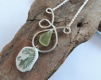 Handwired Japanese Sea Pottery and Sea Glass Necklace, Genuine sea Glass