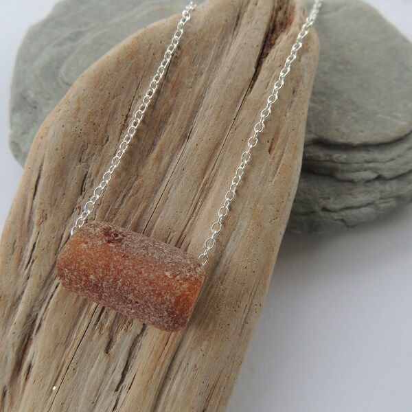 Amber Sea Glass Tube Sterling Silver Necklace, Authentic Sea Glass