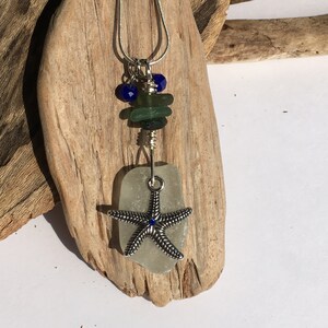 White and Green Lake Erie Beach Glass and Starfish Pendant, Genuine Beach Glass